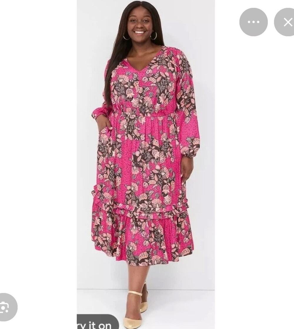 Lane Bryant Magenta Paisley Long Sleeve Midi Dress New Size 28